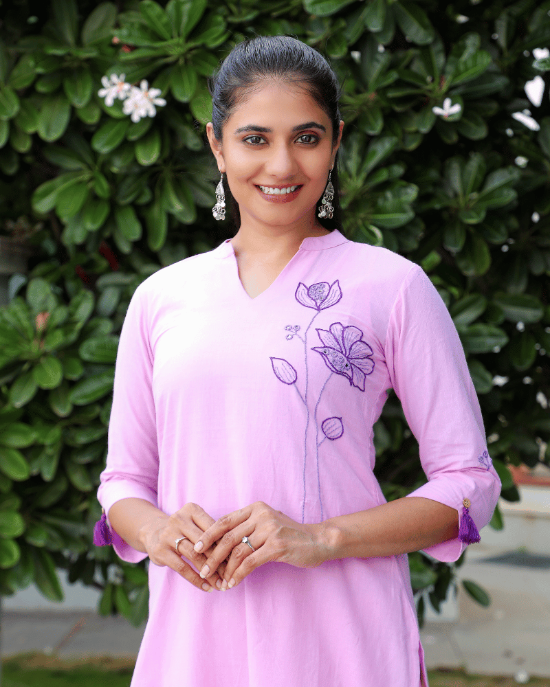 Purple Handloom Kurta With Hand Embroidery neck view