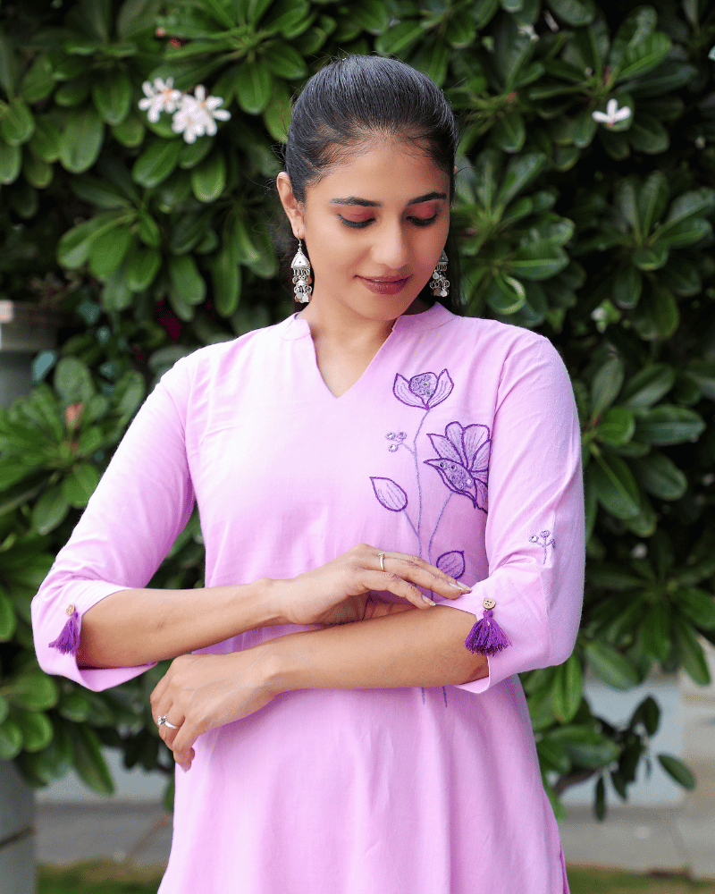 Purple Handloom Kurta With Hand Embroidery sleeve view