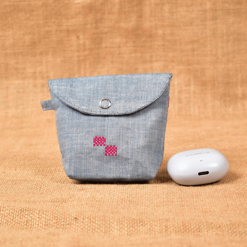 Light Blue Handloom Cotton Earbuds Pouch with Snap Button Closure - front