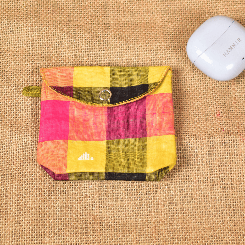 Yellow Handloom Cotton Earbuds Pouch with Snap Button Closure