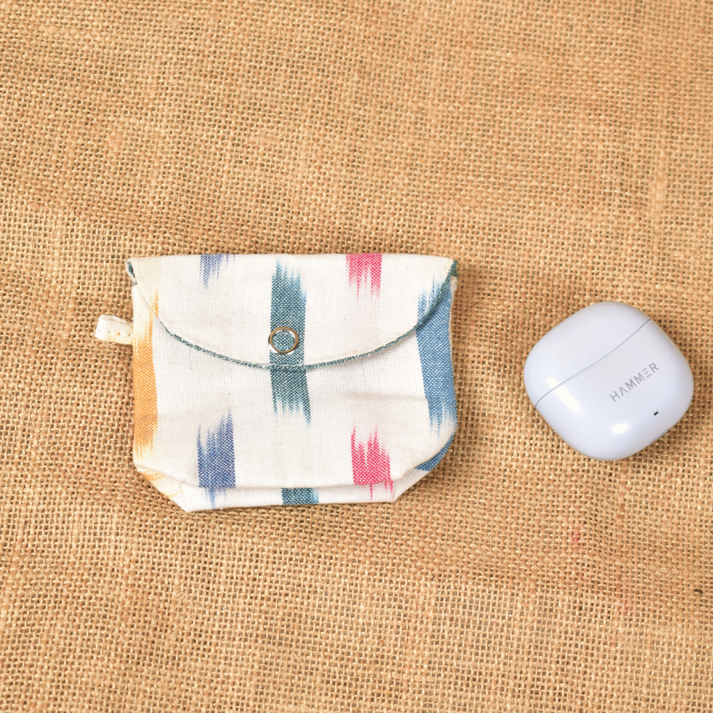 White Handloom Cotton Earbuds Pouch with Snap Button Closure