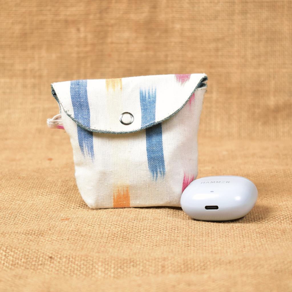 White Handloom Cotton Earbuds Pouch with Snap Button Closure - front