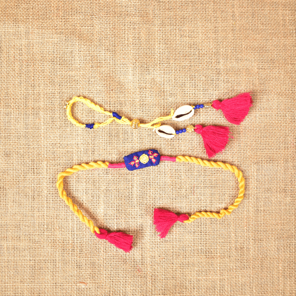 Handcrafted Bhai Bhabhi Rakhi Set with Cotton Potli, Kumkum & Rice - Blue