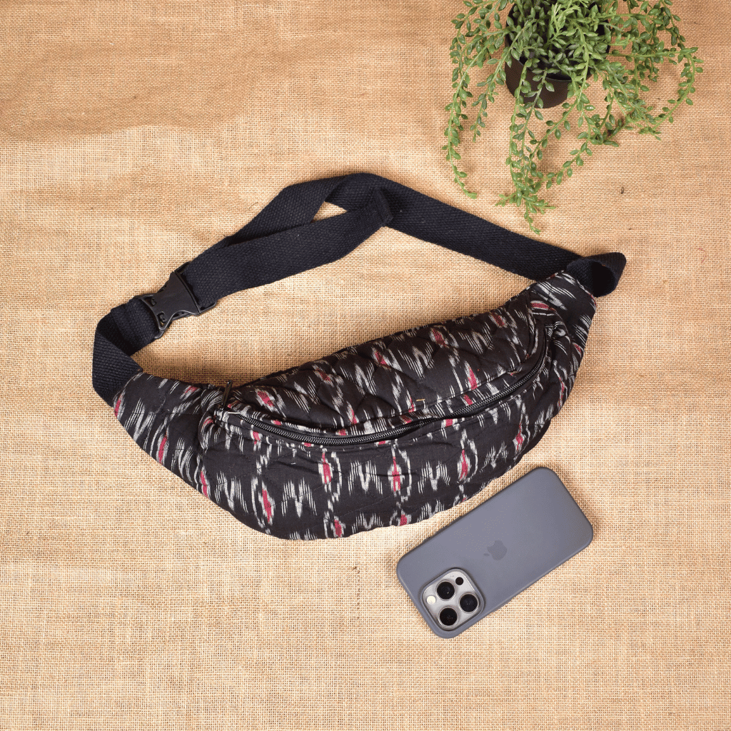 Fanny bag or waist bag in black ikat - front