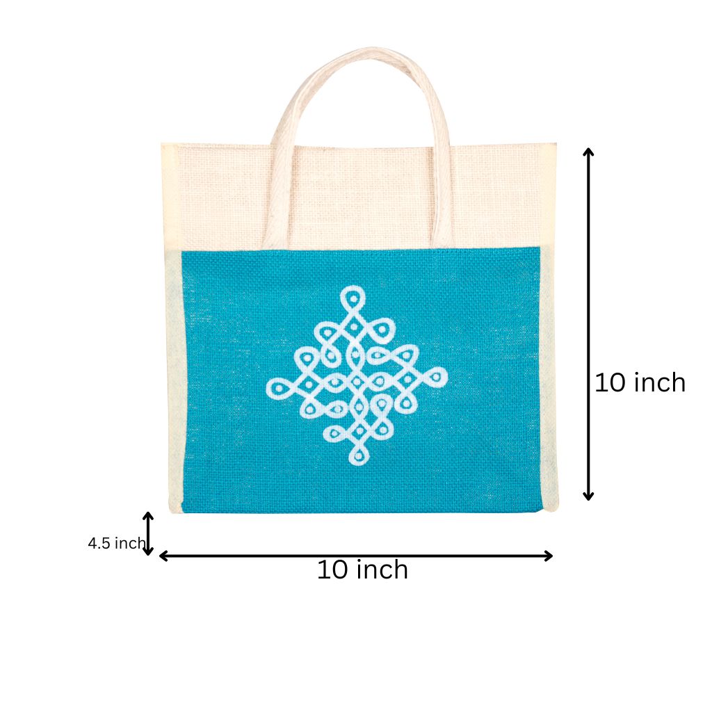 Blue and white jute lunch bag with traditional motif - dimensions