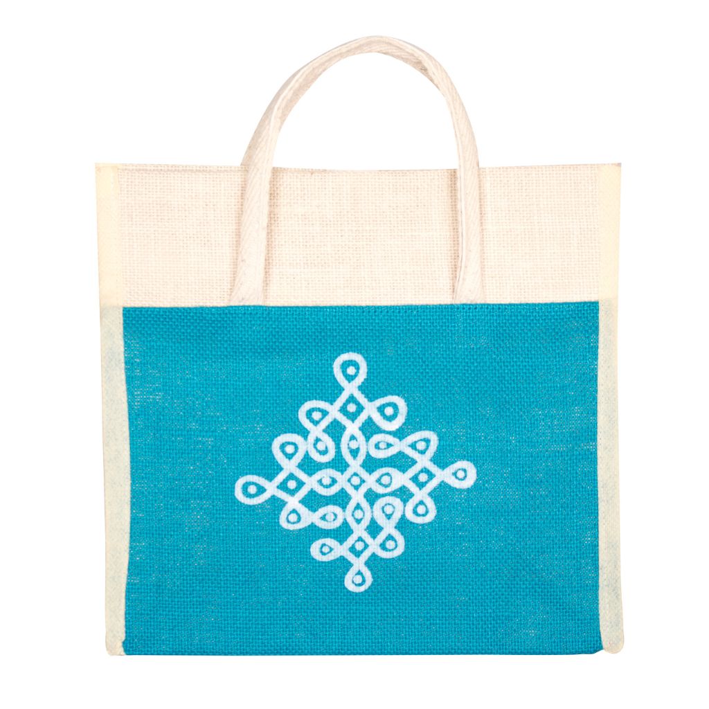 Blue and white jute lunch bag with traditional motif - front
