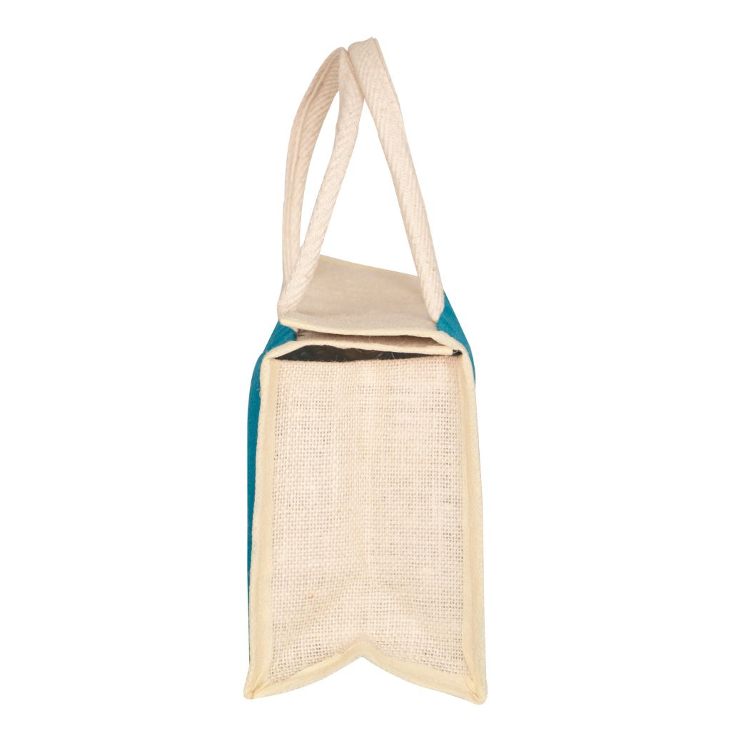 Blue and white jute lunch bag with traditional motif - side