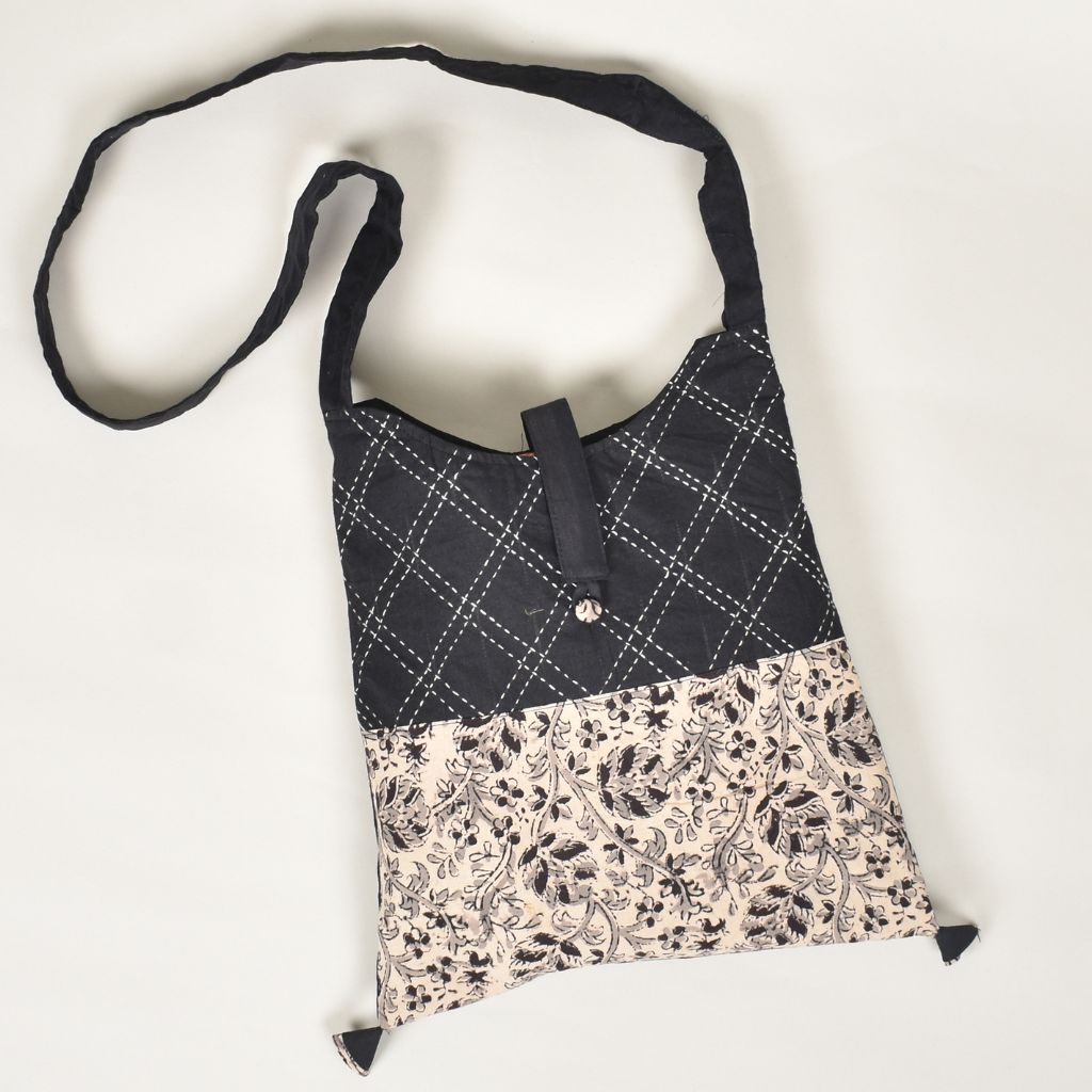 Black embroidery kalamkari sling bag - top
