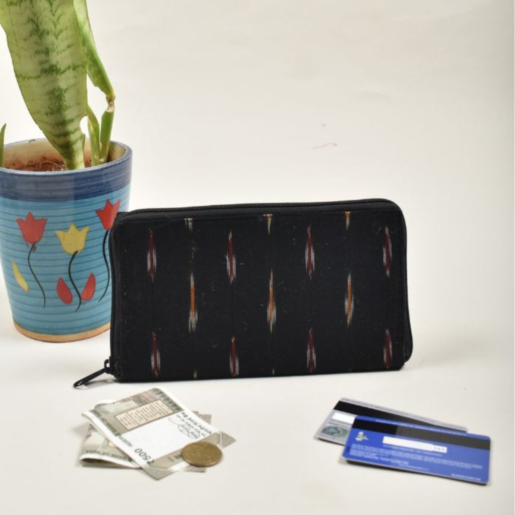 Black ikat and ajark ladies wallet - zip