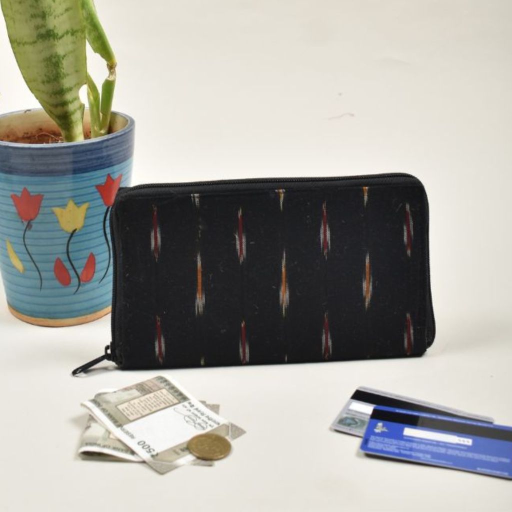 Black ikat and ajark ladies wallet - front