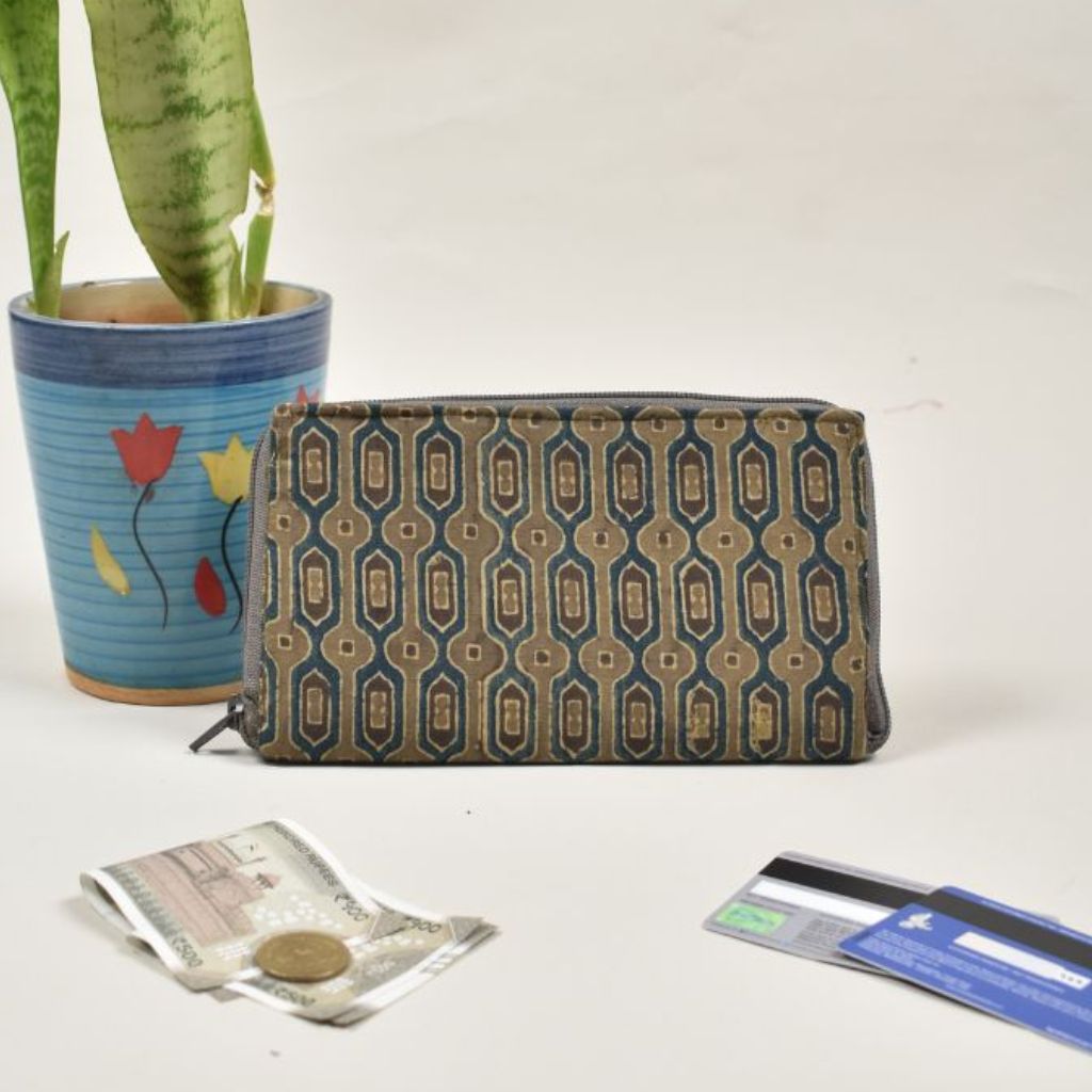 Hand blocked wallet with regzine pockets in green ajrakh cotton from Kutch