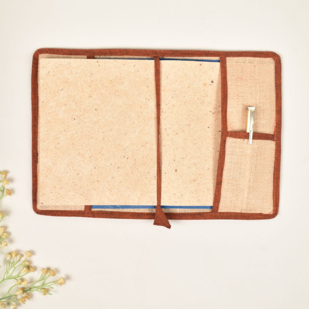 Brown embroidered diary sleeve with hand made paper notebook - pockets