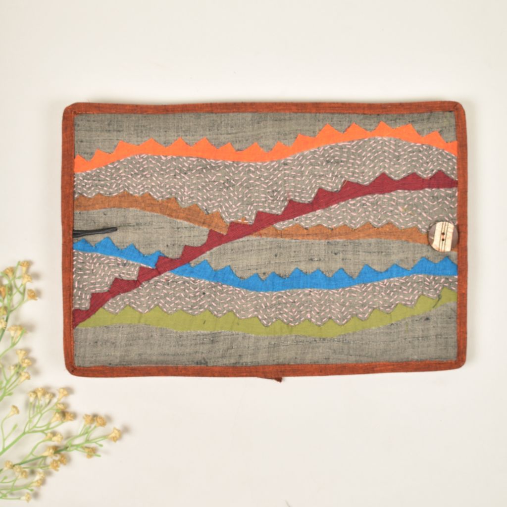 Brown embroidered diary sleeve with hand made paper notebook - closure