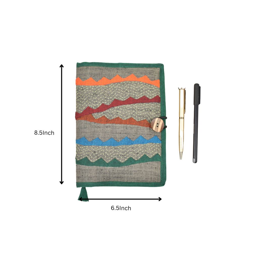 Green embroidered diary sleeve with hand made paper notebook - dimensions