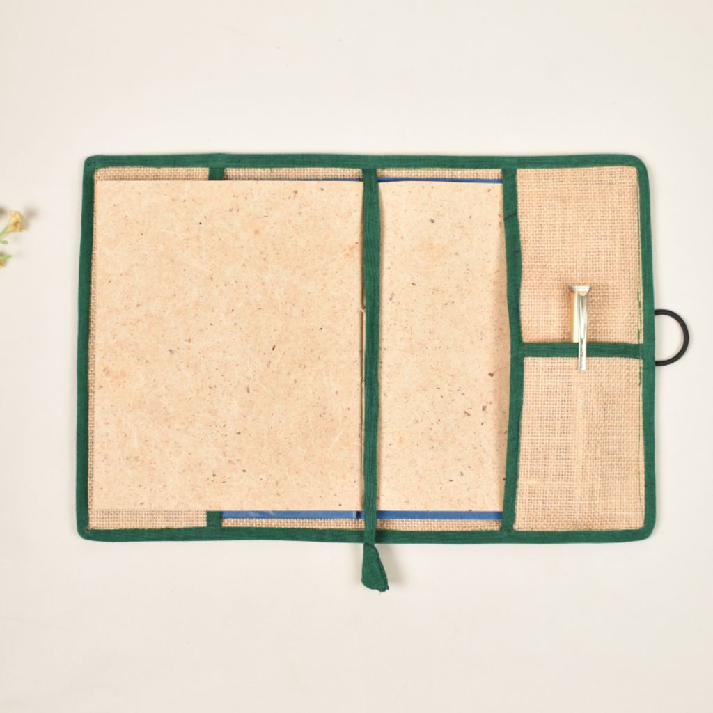 Green embroidered diary sleeve with hand made paper notebook - pockets