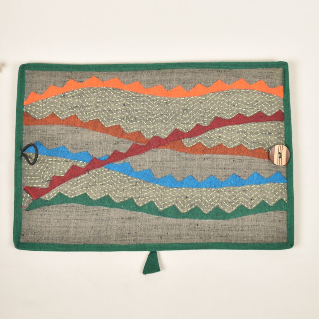 Green embroidered diary sleeve with hand made paper notebook - closure
