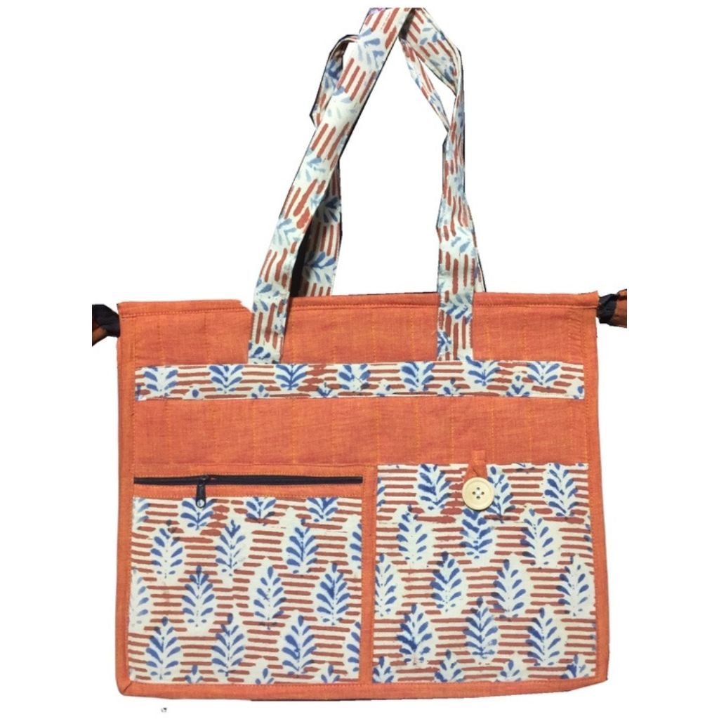 Orange cotton and jute laptop bag or tote bag - front