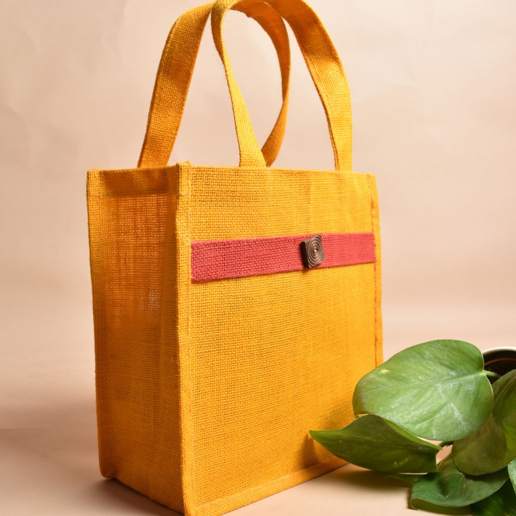Yellow jute lunch bag or gift bag