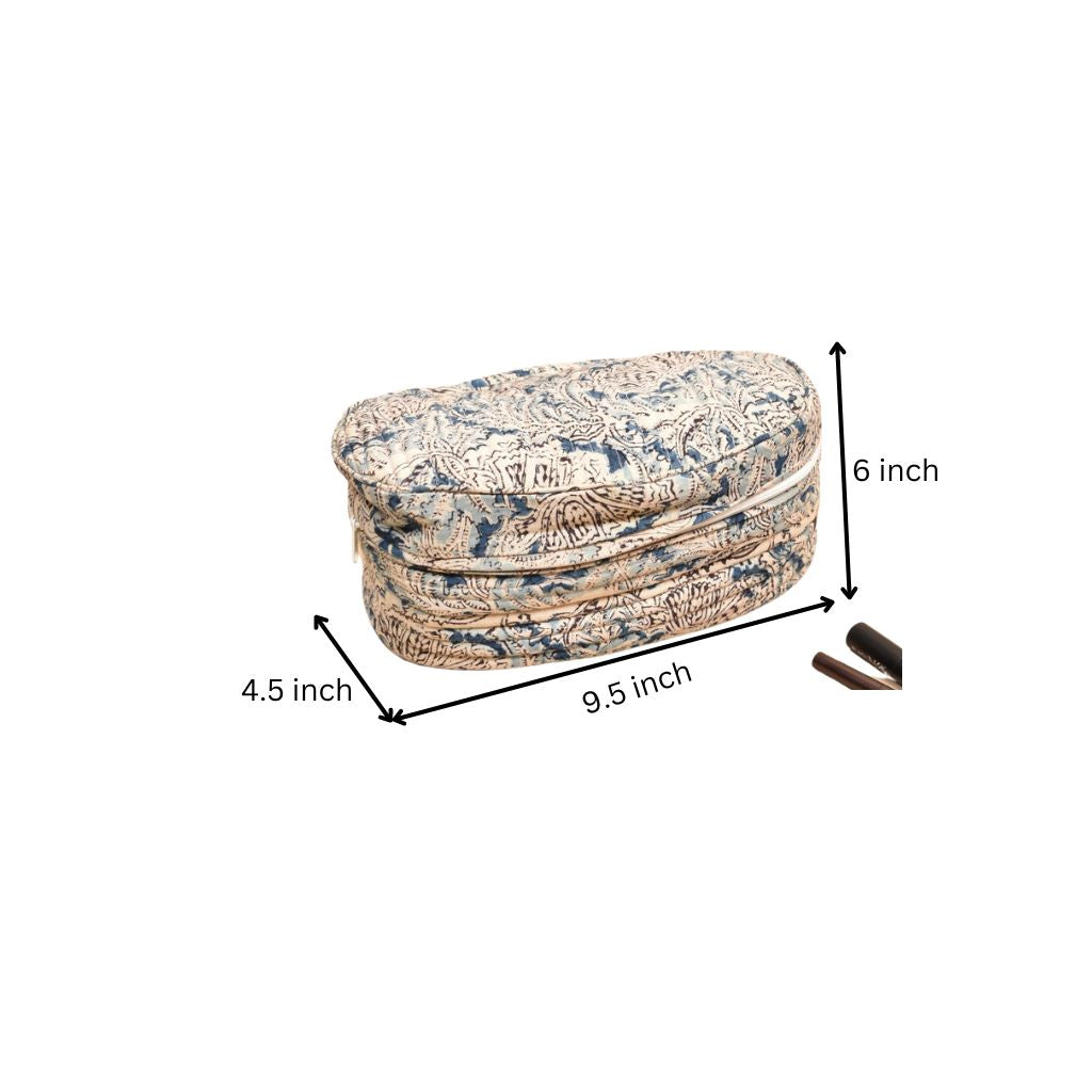 Fabric vanity kit or blue quilted toiletry case in kalamkari cotton - dimensions