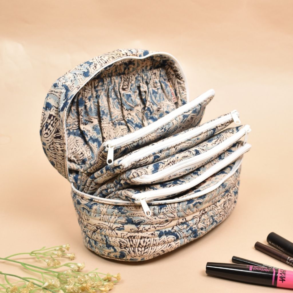 Fabric vanity kit or blue quilted toiletry case in kalamkari cotton - pockets