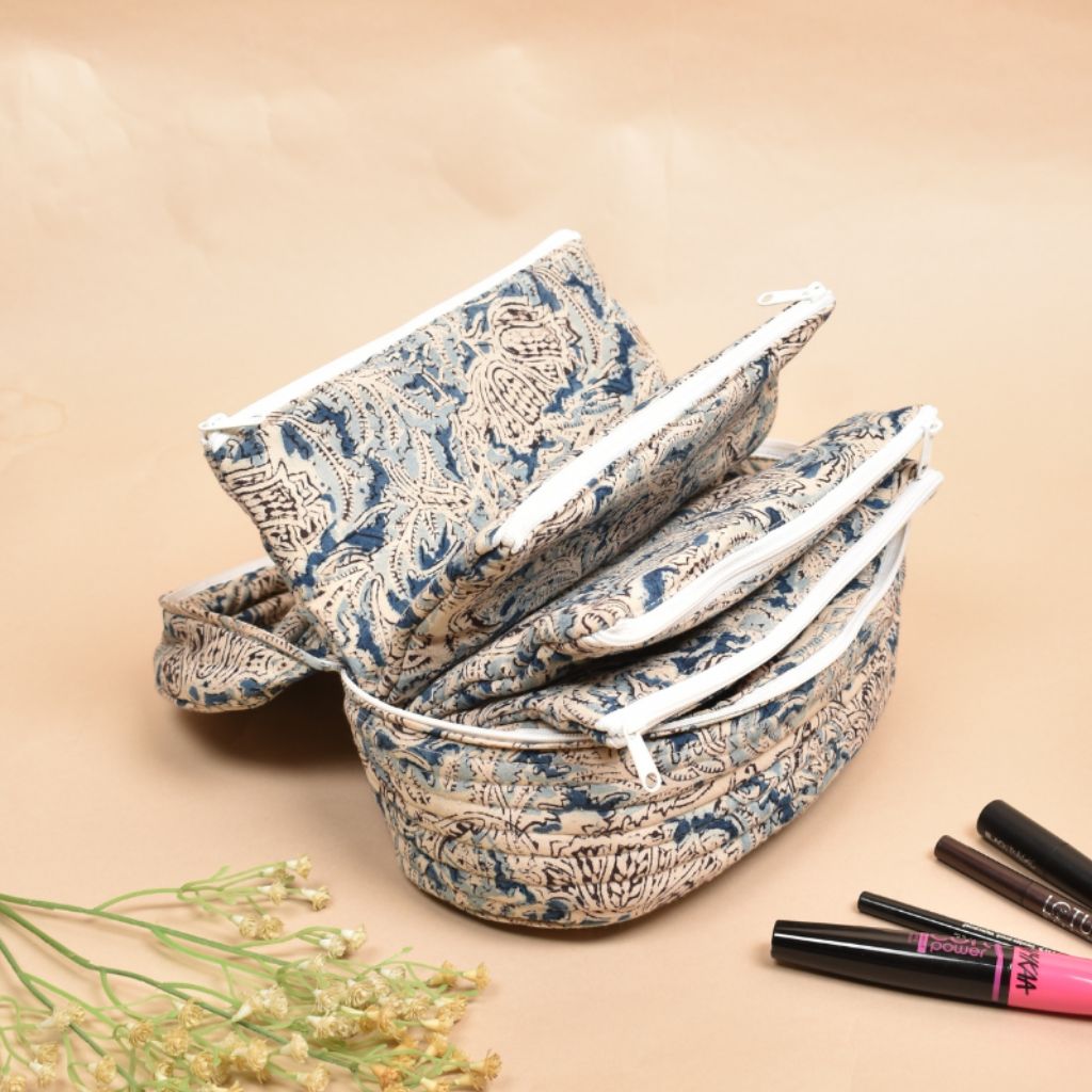 Fabric vanity kit or blue quilted toiletry case in kalamkari cotton - zips