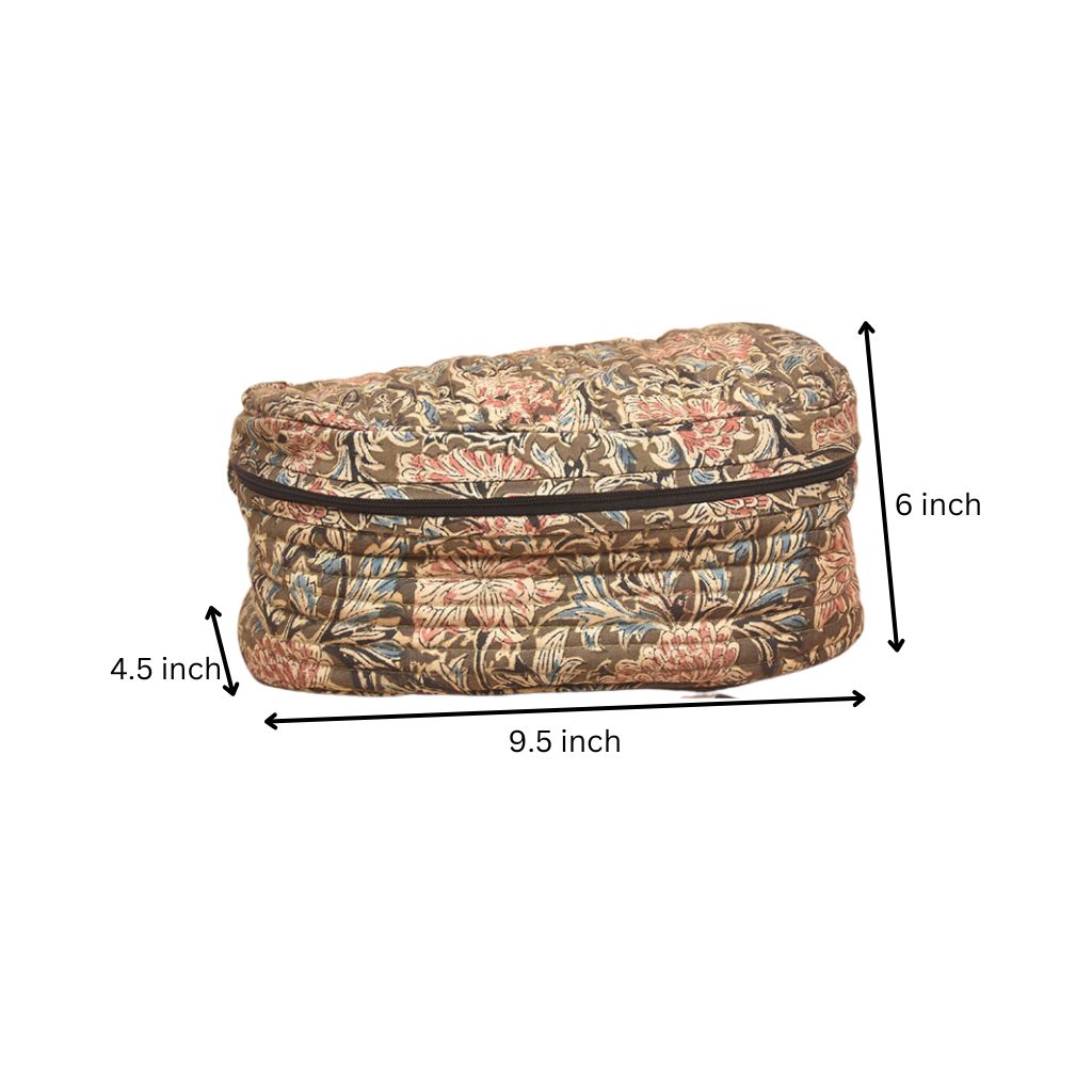 Fabric vanity kit or quilted toiletry case in kalamkari cotton - dimensions