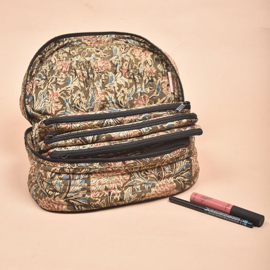 Fabric vanity kit or quilted toiletry case in kalamkari cotton - pockets