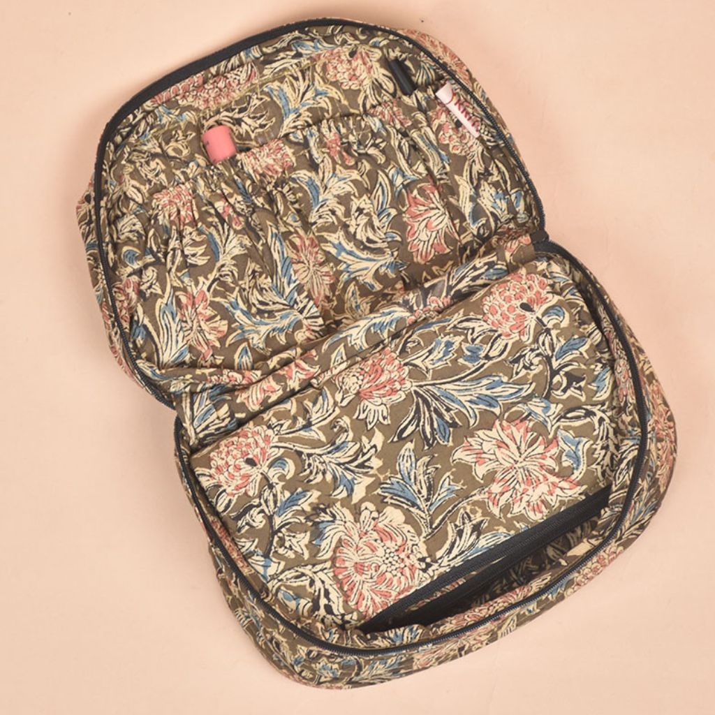 Fabric vanity kit or quilted toiletry case in kalamkari cotton - inside