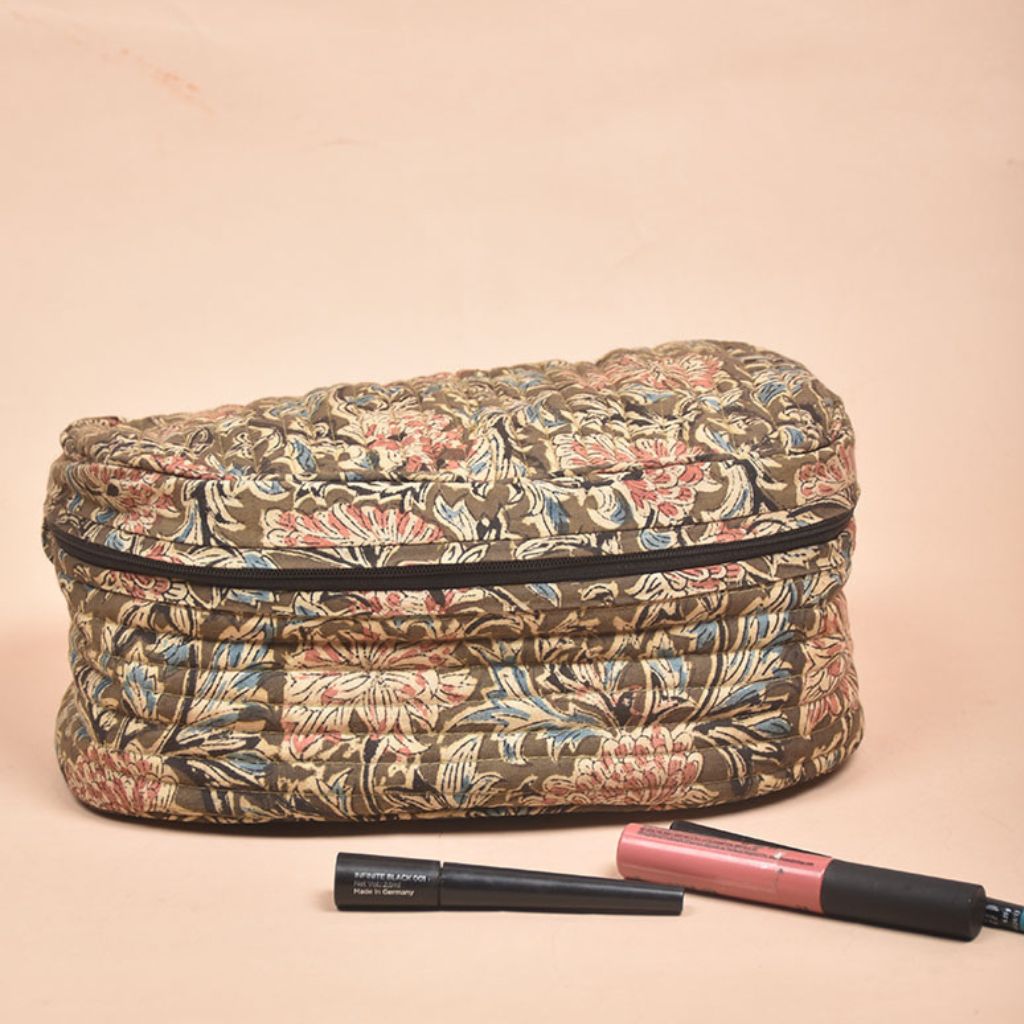 Fabric vanity kit or quilted toiletry case in kalamkari cotton - front