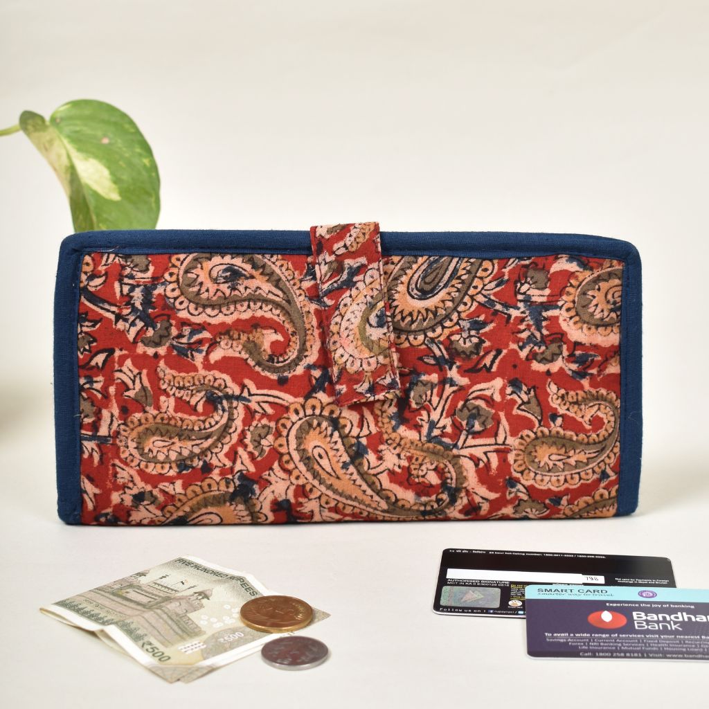 Eco-friendly ladies wallet in jute and kalamkari block print in red