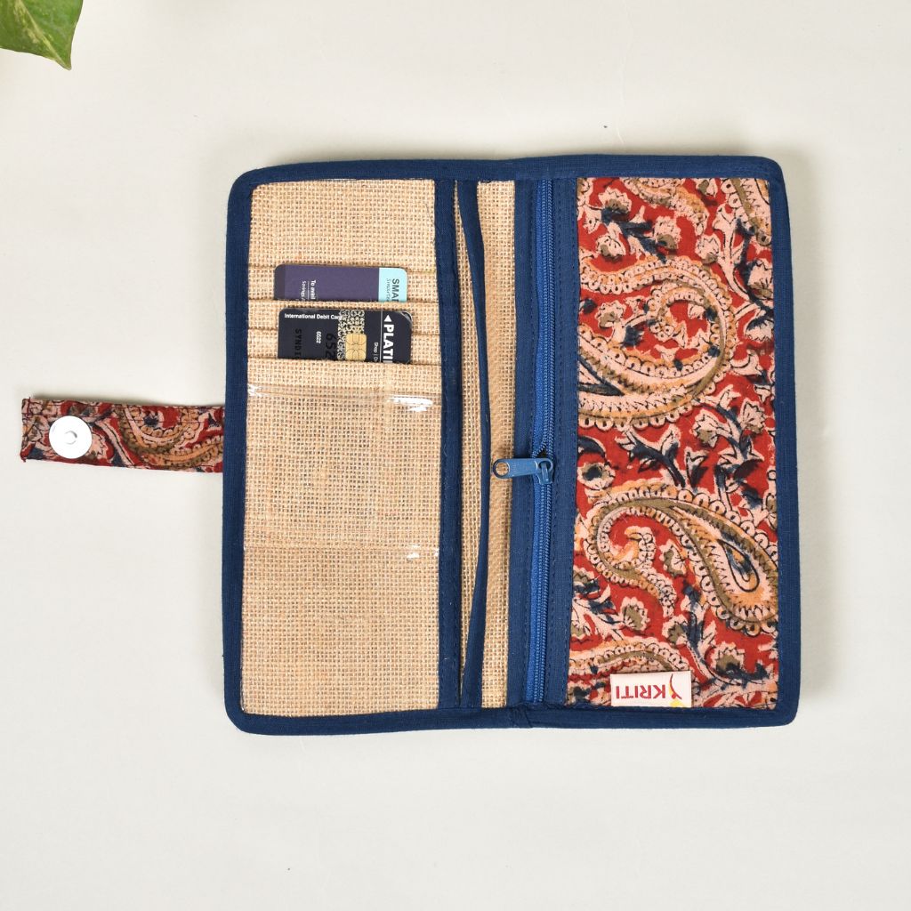 Red kalamkari and jute ladies wallet - inside