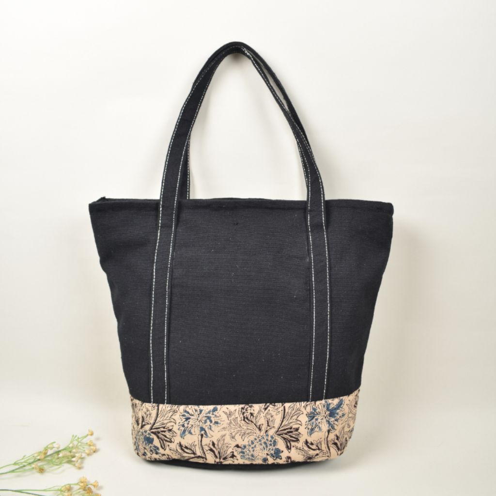 canvas tote bags with blue kalamkari - back