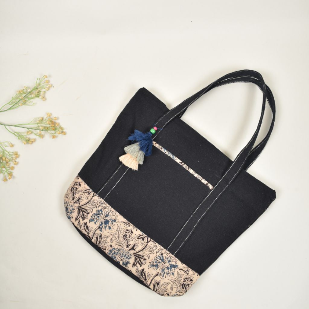 canvas tote bags with blue kalamkari - tassels
