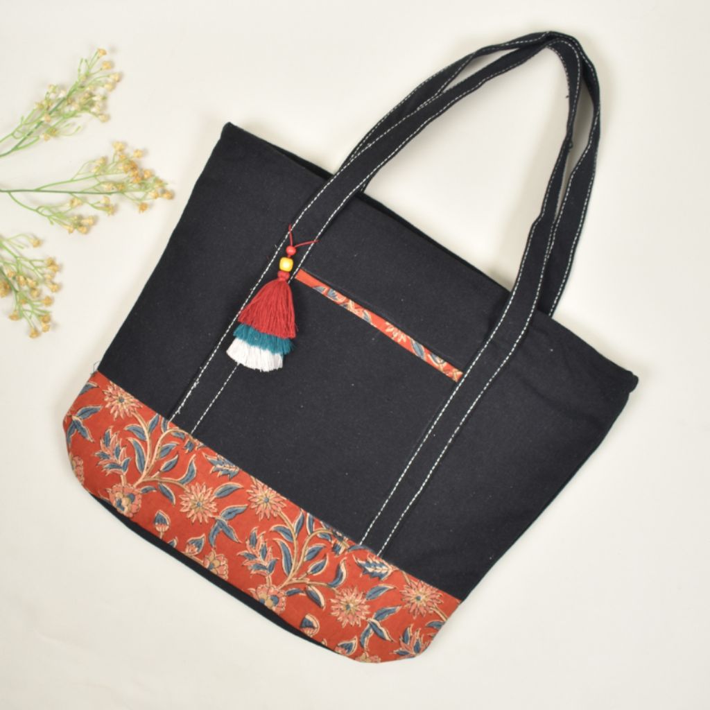 canvas tote bags with red kalamkari - tassel