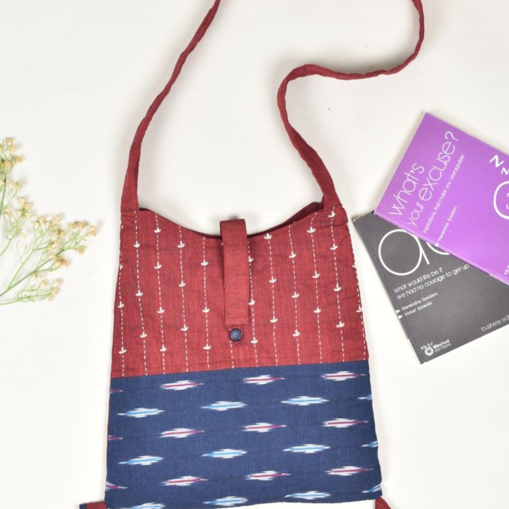 Embroidery blue ikat sling bag - top