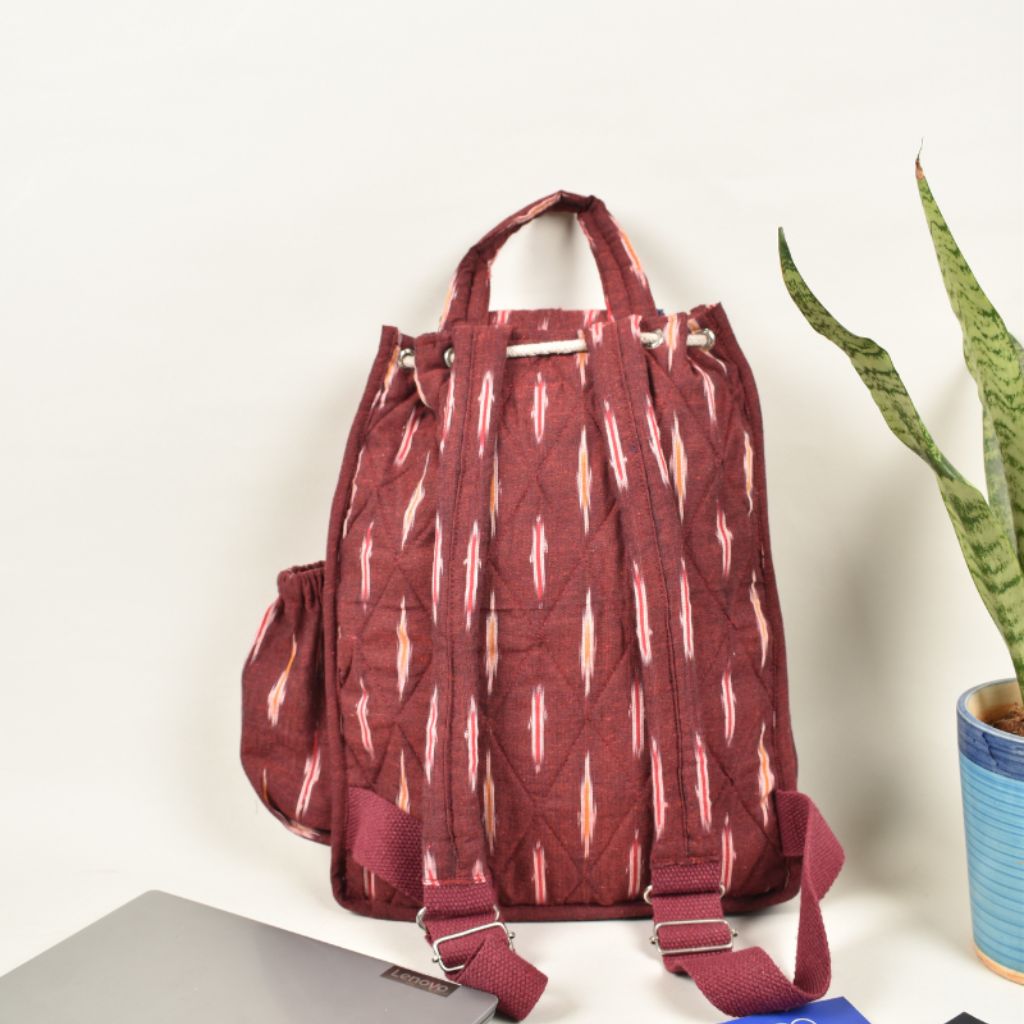 Maroon ikat backpack bag to fit 15" laptop - back