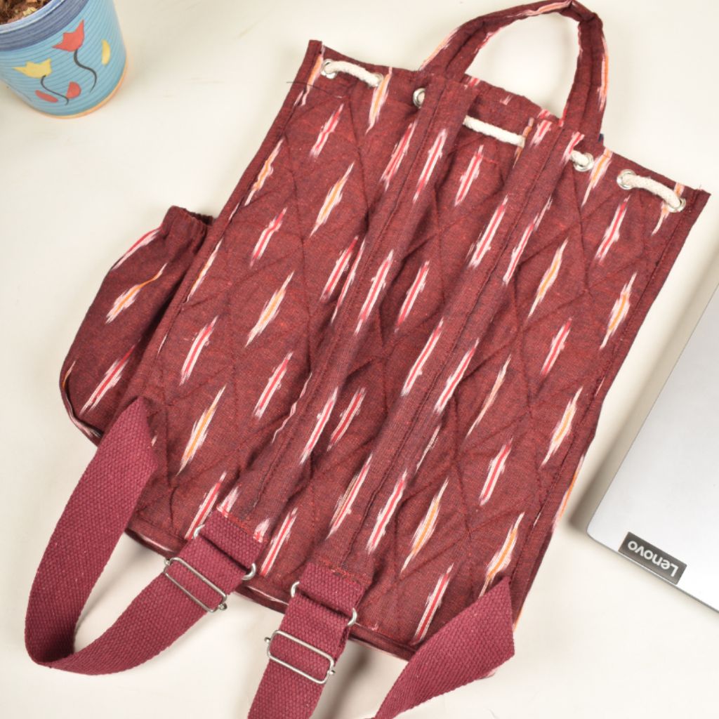 Maroon ikat backpack bag to fit 15" laptop - back