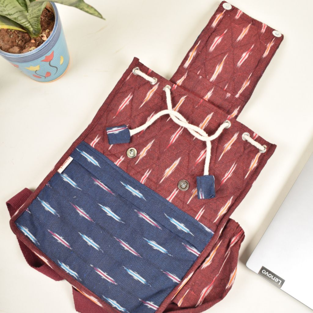 Maroon ikat backpack bag to fit 15" laptop - front