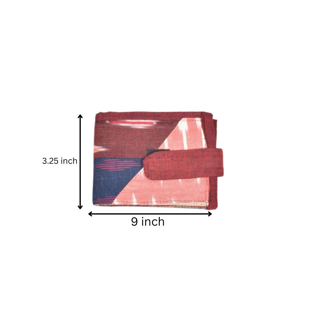 Narrow unisex vegan wallet in maroon ikat