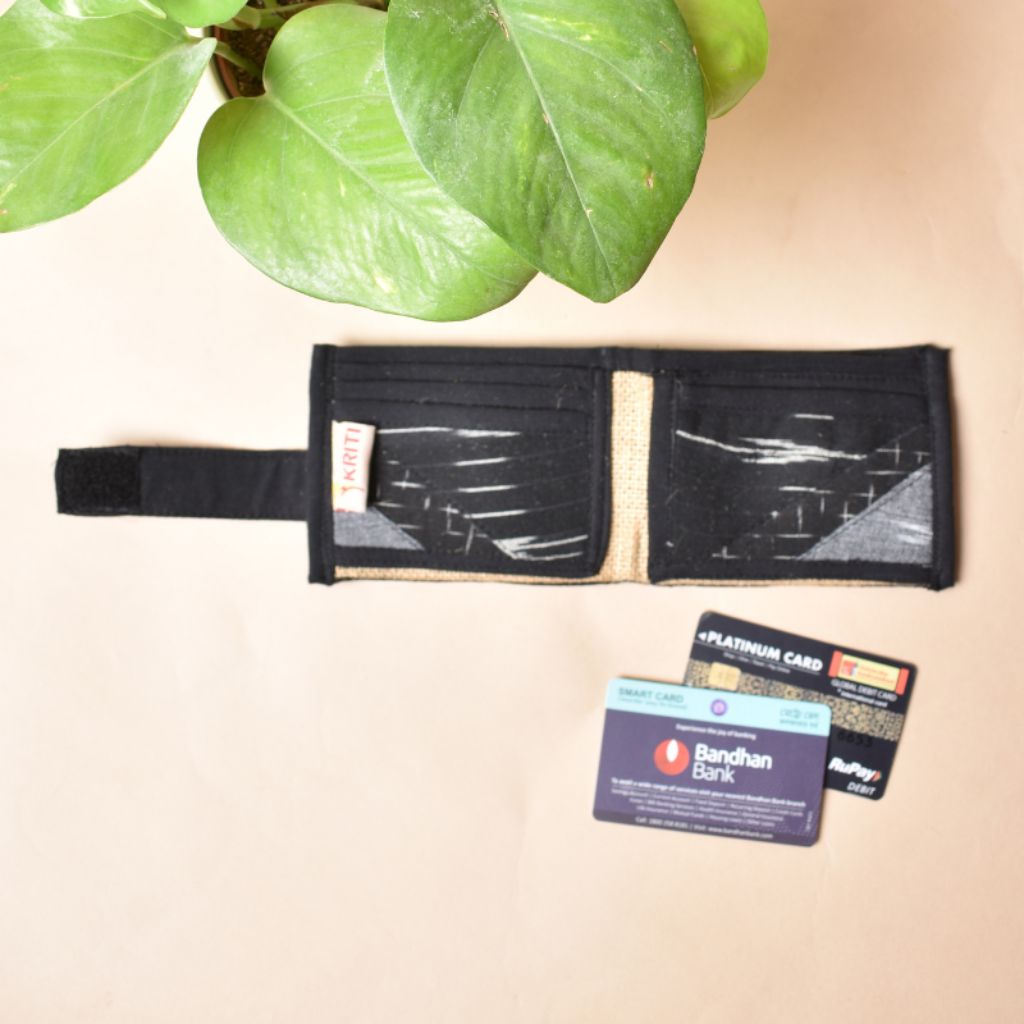 Narrow unisex wallet in black ikat - pockets