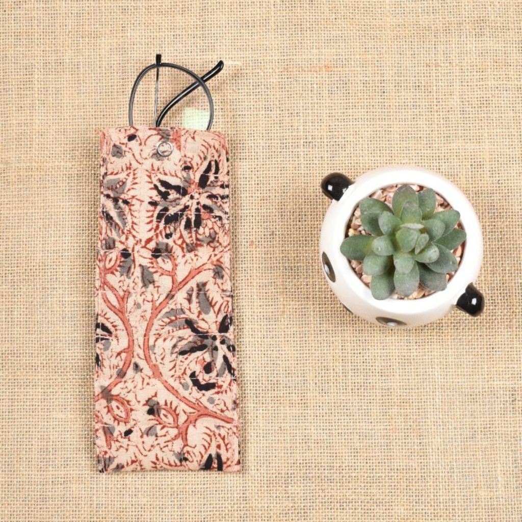 Pink kalamkari reading glass pouch - front