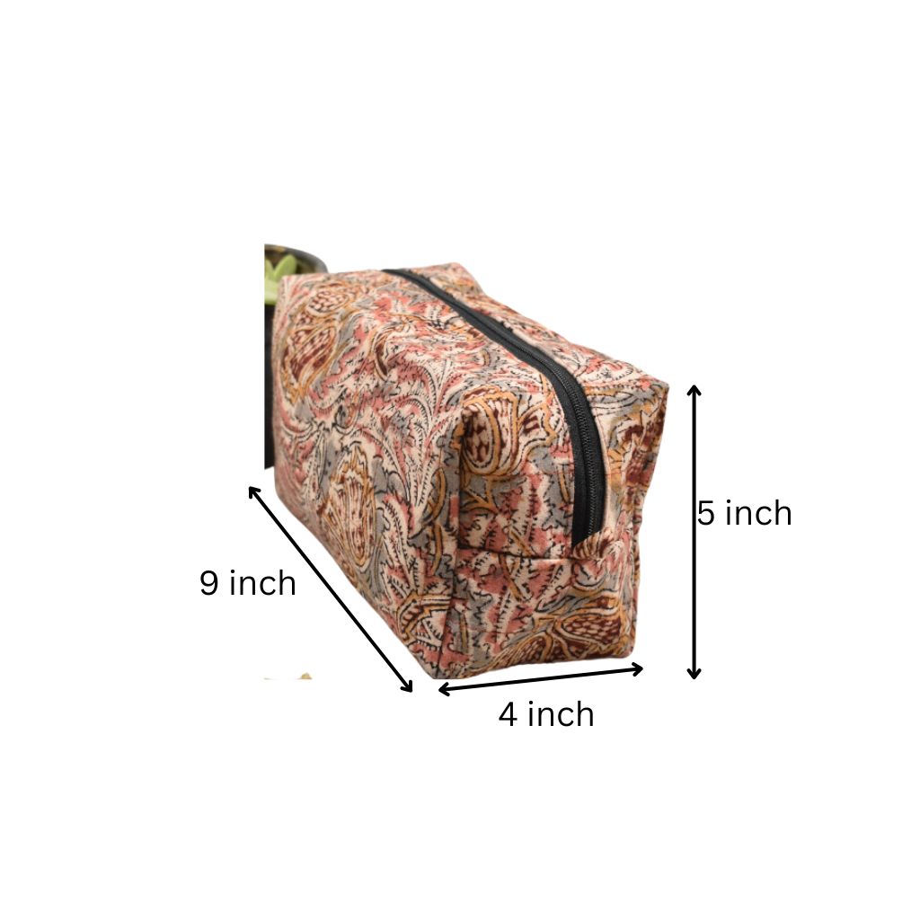 Pink kalamkari travel cosmetic bag - dimensions