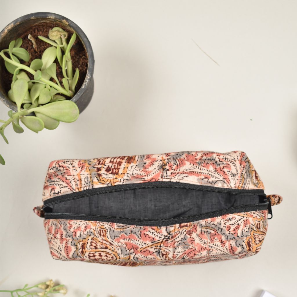 Pink kalamkari travel cosmetic bag - inside