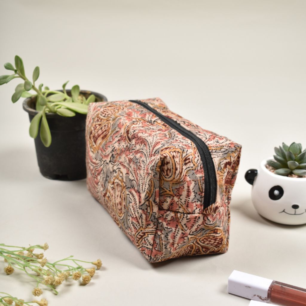 Pink kalamkari travel cosmetic bag - side