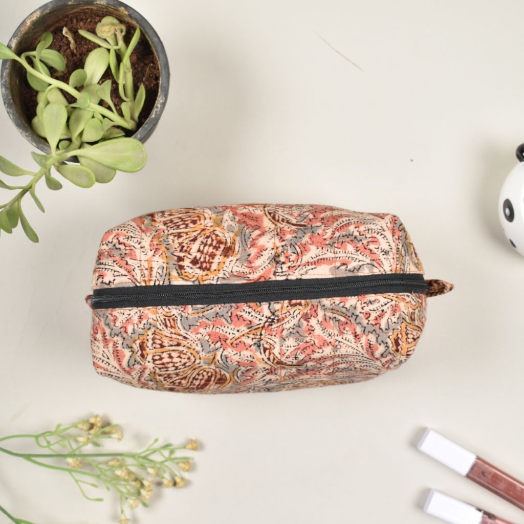 Pink kalamkari travel cosmetic bag - zip