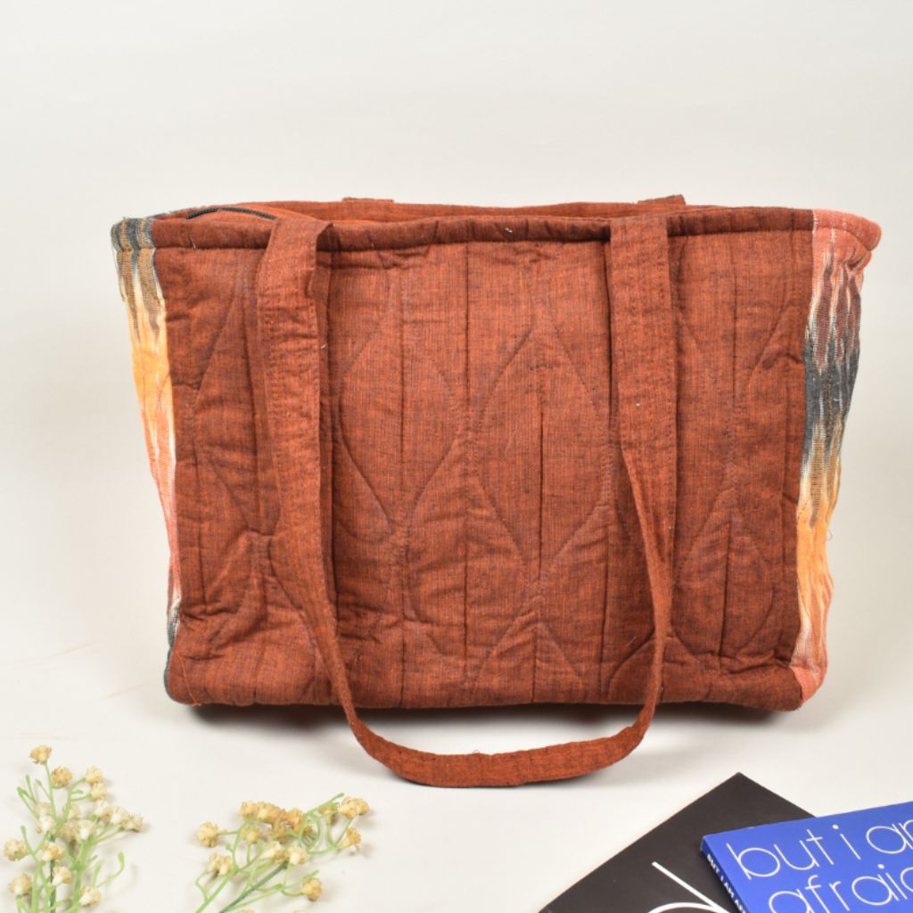 QUILTED RUST AND MAROON IKAT PURSE BAG WITH POCKETS