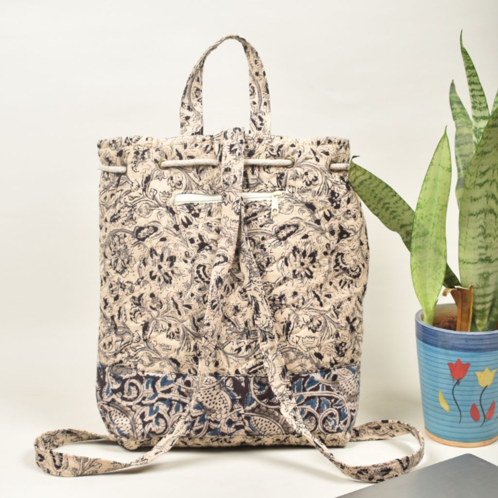 Quilted backpack bag in blue hand block print - back