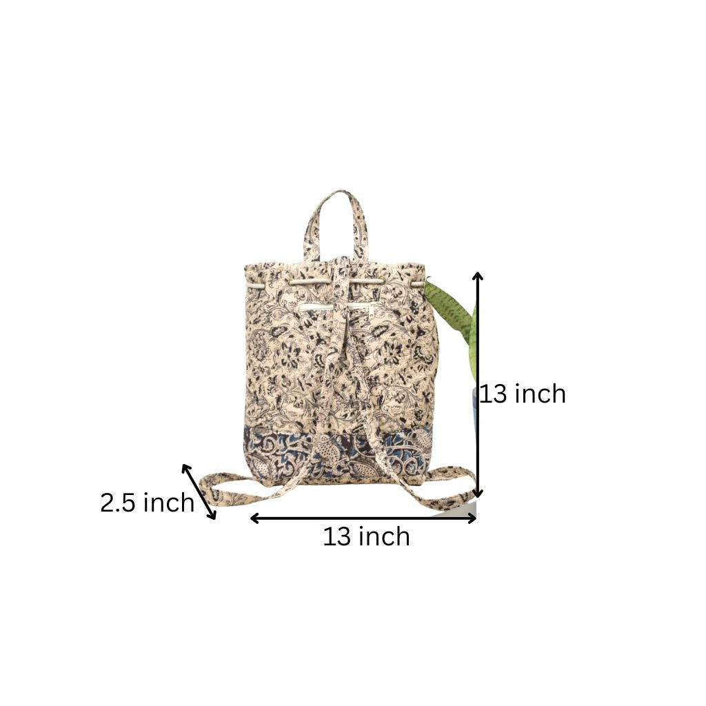 Quilted backpack bag in blue hand block print - dimensions