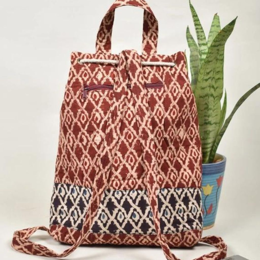 Quilted backpack bag in brown hand block print - back