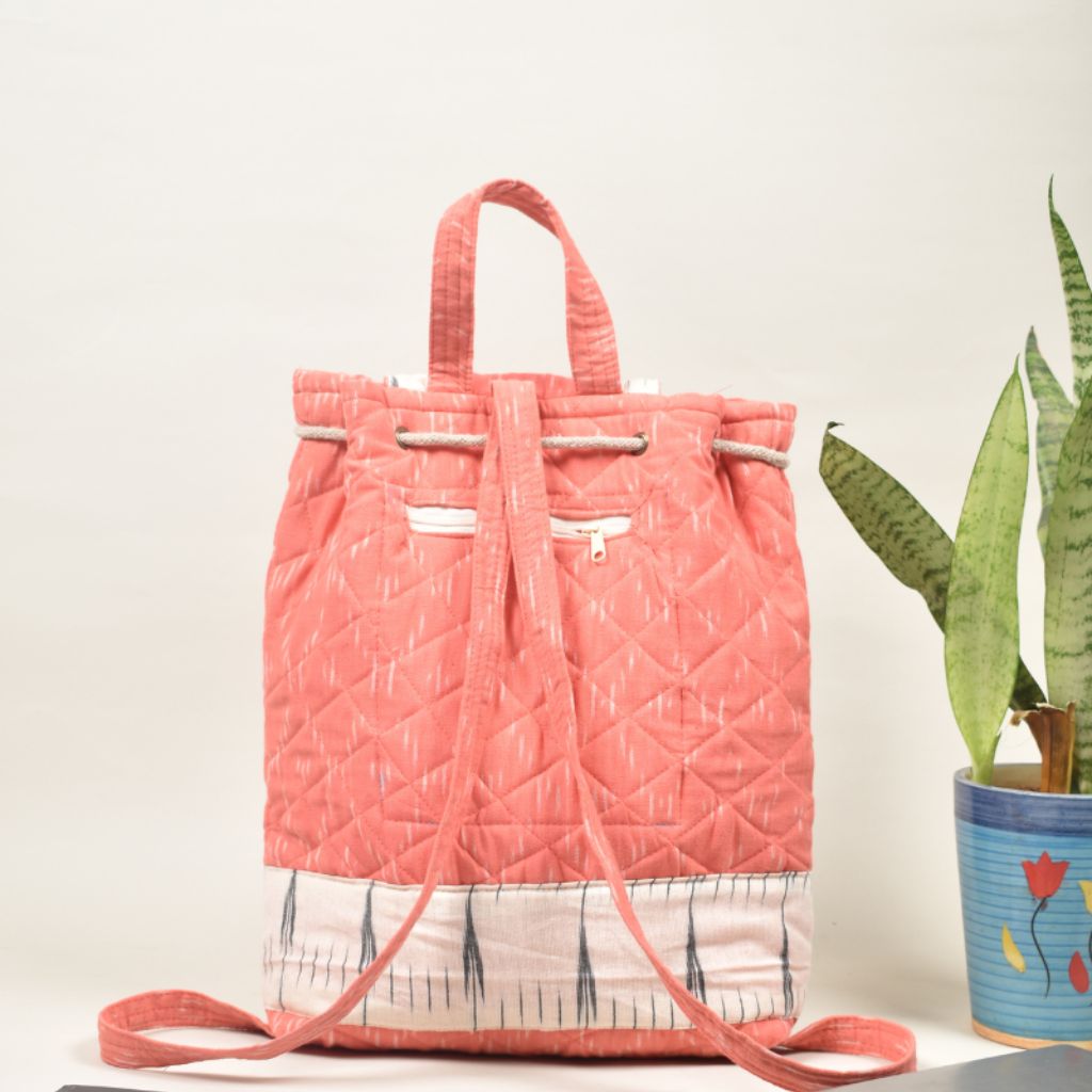 Quilted backpack bag in pink ikat cotton - back